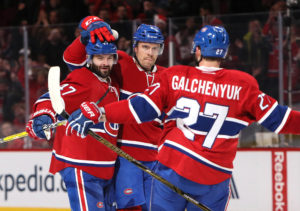 Montreal Canadiens forwards Alexander Radulov (left), Alex Galchenyuk (right), and defenseman Shea Weber