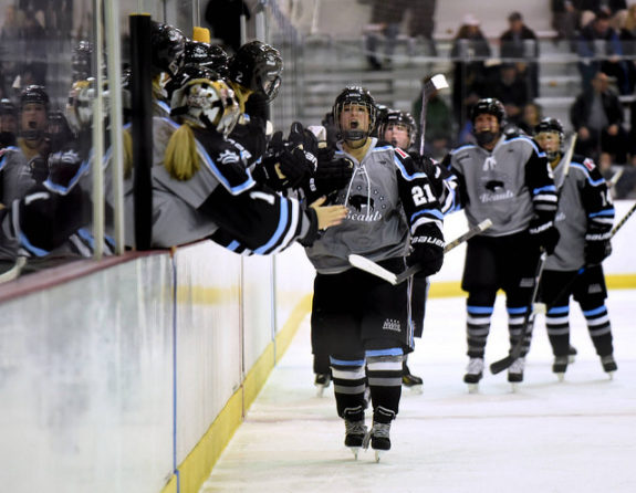 Devon Skeats celebrates after scoring a goal for the Buffalo Beauts (photo credit: Troy Parla) 