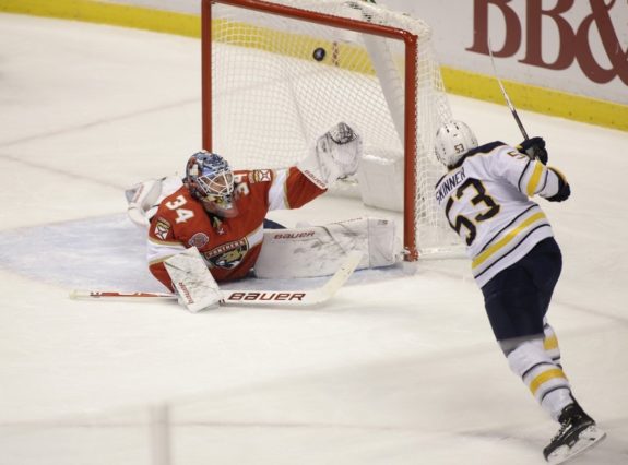 Buffalo Sabres left wing Jeff Skinner Florida Panthers goaltender James Reimer