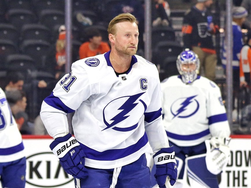 Steven Stamkos of the Tampa Bay Lightning wears a Gasparilla