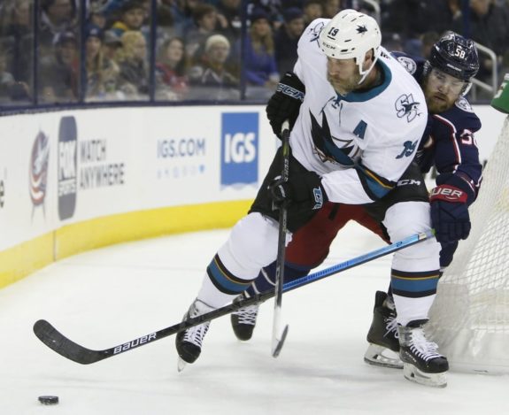 San Jose Sharks' Joe Thornton Columbus Blue Jackets' David Savard