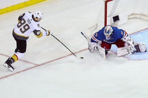 Vegas Golden Knights' Alex Tuch and New York Rangers Henrik Lundqvist