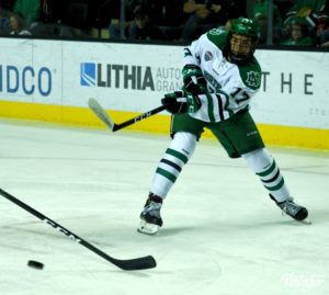 UND forward Tyson Jost takes a shot on net. (Photo Credit: Russell Hons UNDSports.com)