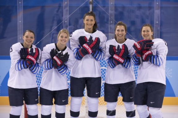 Boston College alums from left to right Cayla Barnes, Emily Pfalzer, Megan Keller, Kali Flanagan, and Haley Skarupa.