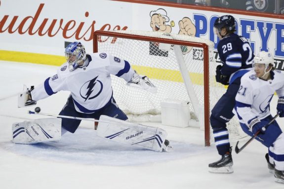 Winnipeg Jets' Patrik Laine and Tampa Bay Lightning Andrei Vasilevskiy