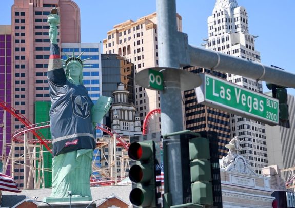 Las Vegas - The Statue of Liberty is cloaked in a Vegas Golden Knights jersey