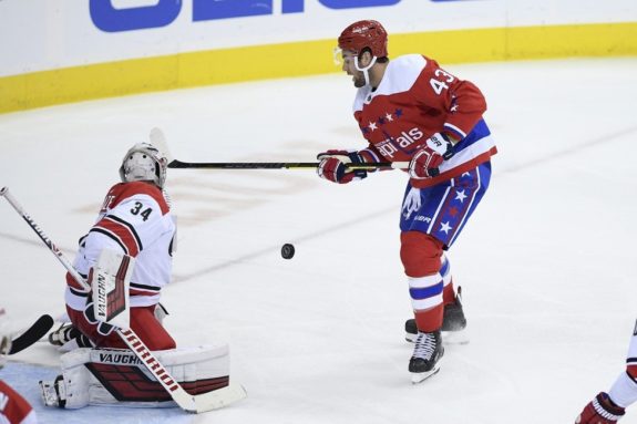 Washington Capitals right wing Tom Wilson Carolina Hurricanes goaltender Petr Mrazek