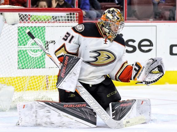 (Amy Irvin/The Hockey Writers) Could you imagine Frederik Andersen in a Sharks jersey, forming a tandem with Martin Jones? That's tough to envision too, but Andersen might be the best piece to target if the Sharks were willing to trade Marleau to the rival Ducks.