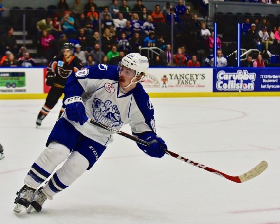 Syracuse Crunch Matt Taormina (20) on the ice against the Lehigh Valley Phantoms in American Hockey League (AHL) action at the War Memorial Arena in Syracuse, New York on Saturday, November 7, 2015. Syracuse won 2-1. © Scott Thomas Photography