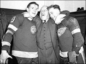 Jack Adams (centre) after Detroit's 1955 Stanley Cup Win