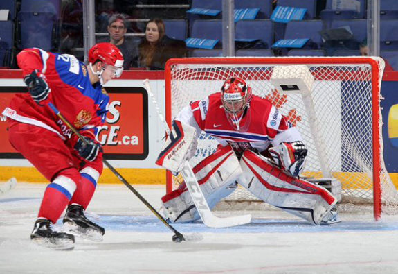 Vitek Vanecek playing for the Czech national team in 2015.