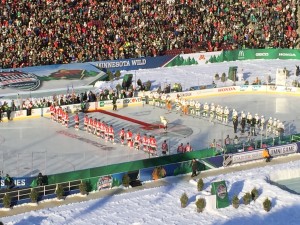 Chicago Blackhawks and Minnesota North Stars/Wild Alumni line up before game (Photo courtesy of Rick Rischall)