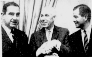 Clarence Campbell is flanked by George Fleherty (San Francisco) and Gordon Ritz (Minneapolis-St. Paul)