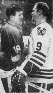 Bryan Watson, Bobby Hull shake hands after bitterly-fought series.