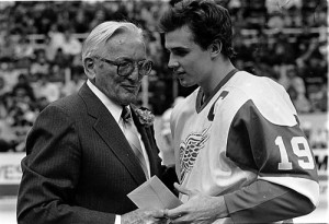 Steve Yzerman and Sid Abel during Sid Abel Night at Joe Louis Arena. 