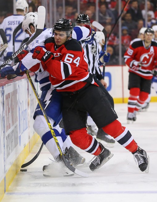 Blake Coleman and Joe Blandisi have become good buddies in the NJ Devils organization. (Ed Mulholland-USA TODAY Sports.)