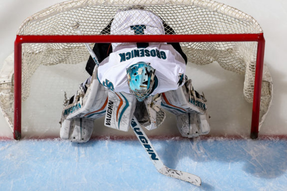 San Jose Barracuda goalie Troy Grosenick waits for the puck drop.