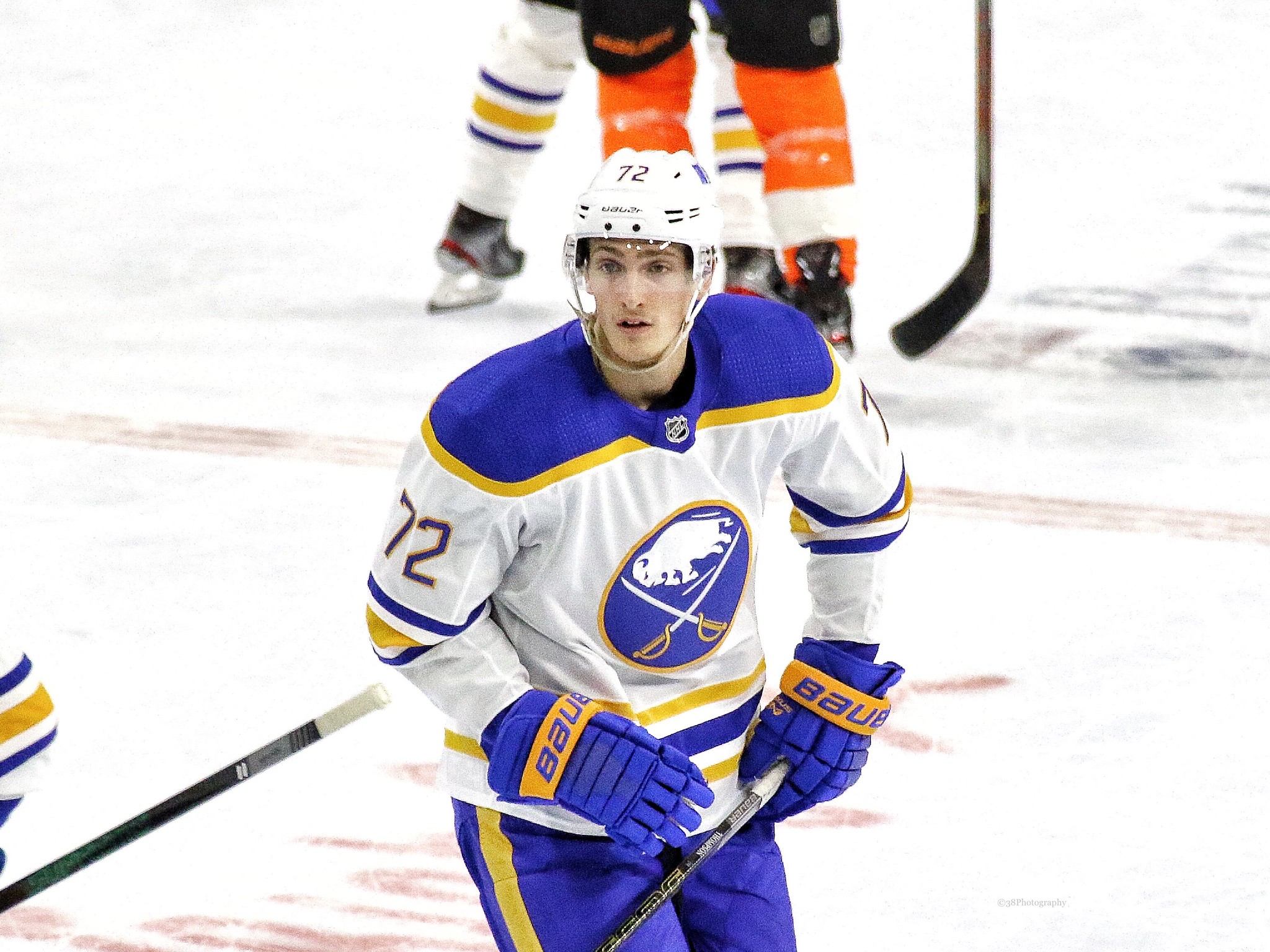 Buffalo Sabres center Tage Thompson wears a special warmup jersey
