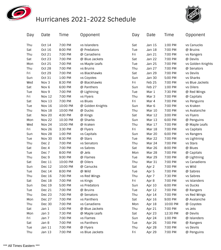 Hurricanes 2022 Schedule Carolina Hurricanes 2021-22 Season Schedule