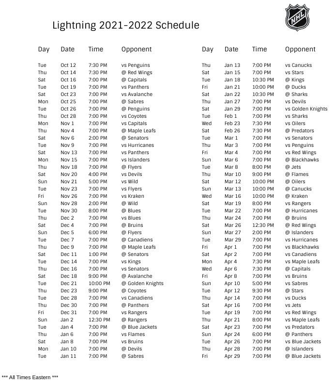 Lightning Schedule 2022 Tampa Bay Lightning 2021-22 Season Schedule
