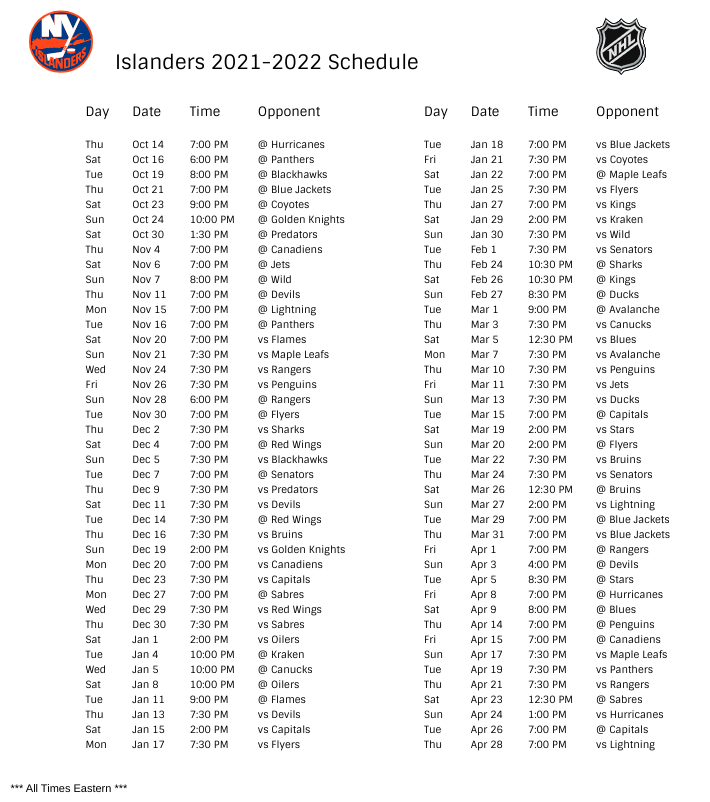 Islanders Schedule 2022 New York Islanders 2021-22 Season Schedule