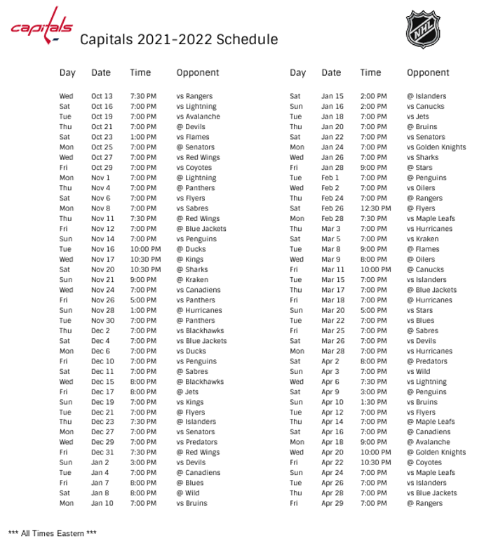 Washington Capitals 2021-22 Season Schedule