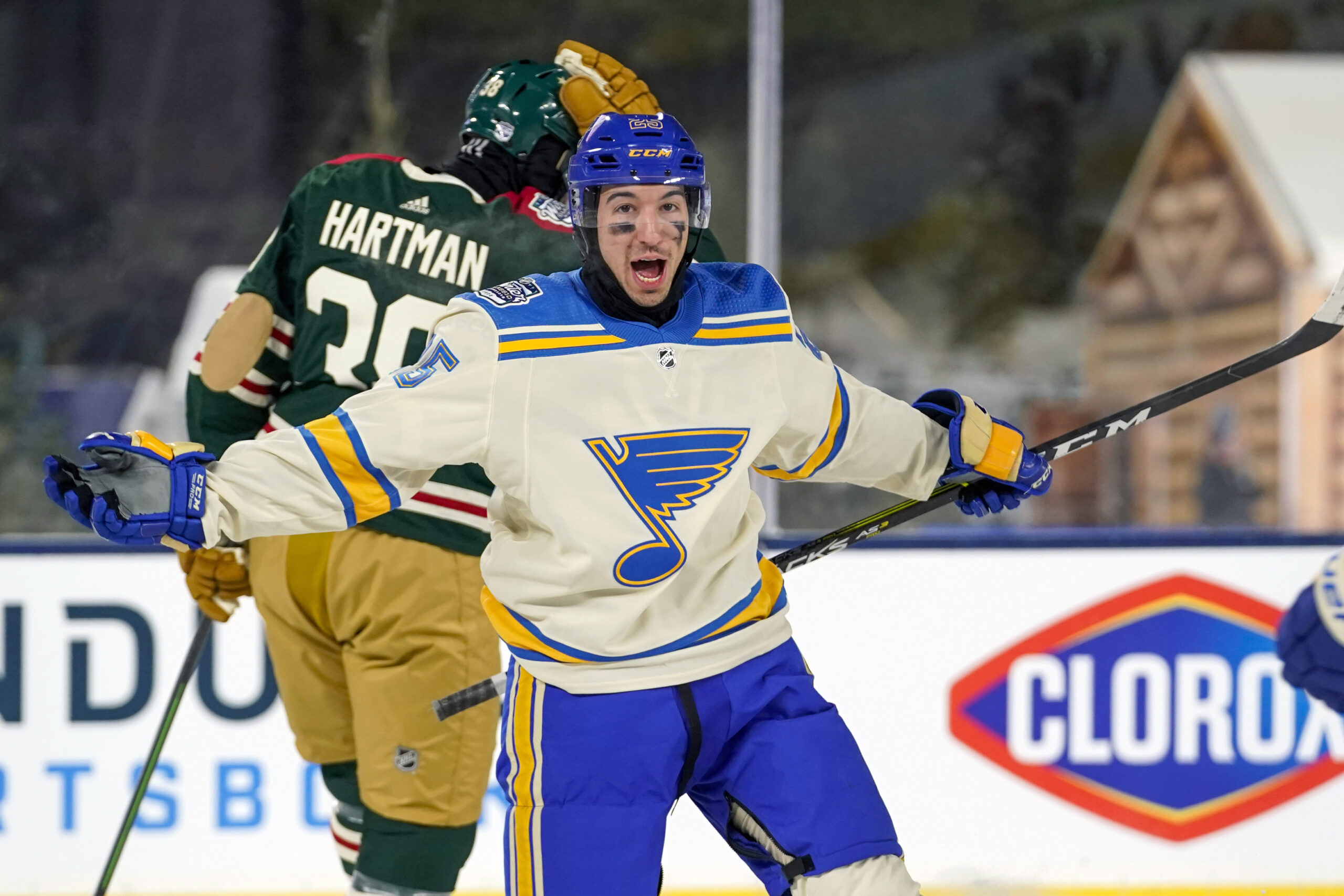 Jordan Kyrou St. Louis Blues Unsigned Congratulated by Teammates After Scoring Goal in Game Four of The First Round 2022 Stanley Cup Playoffs
