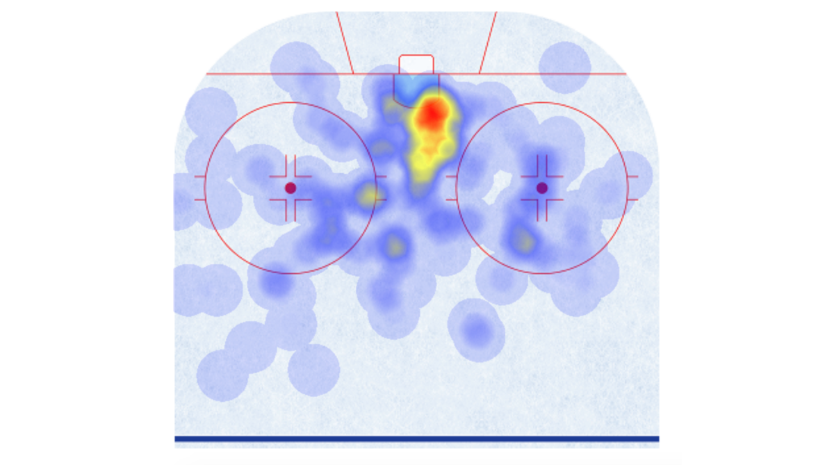 Heat map of Filip Zadina's shot attempts during the 2021-22 season.