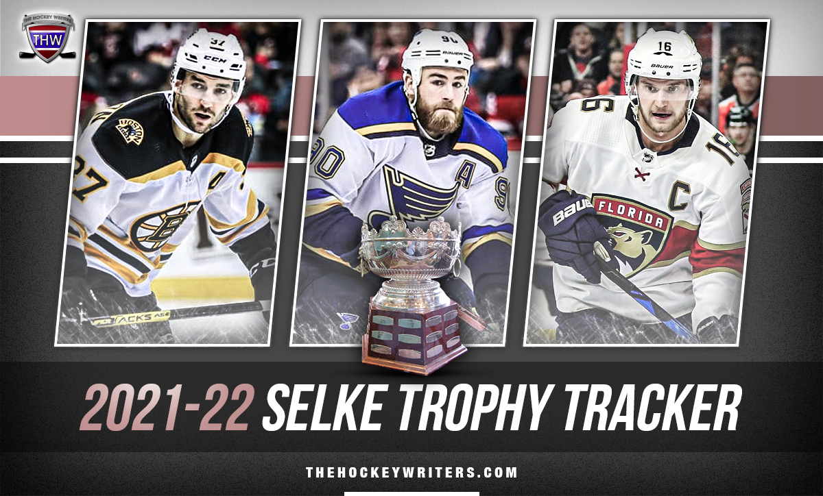 2021-22 Selke Trophy Tracker Patrice Bergeron (Boston), Alex Barkov (Florida) and Ryan O'Reilly (St. Louis)