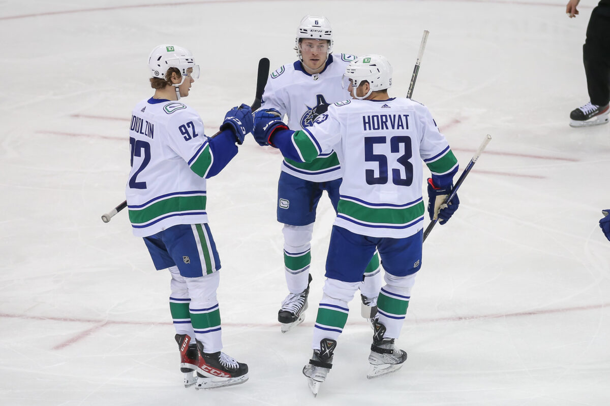 Vancouver Canucks forwards Vasily Podkolzin, Brock Boeser and Bo Horvat