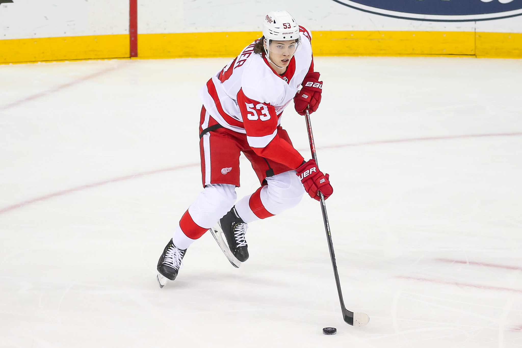 Moritz Seider of the Detroit Red Wings gets set for the face-off