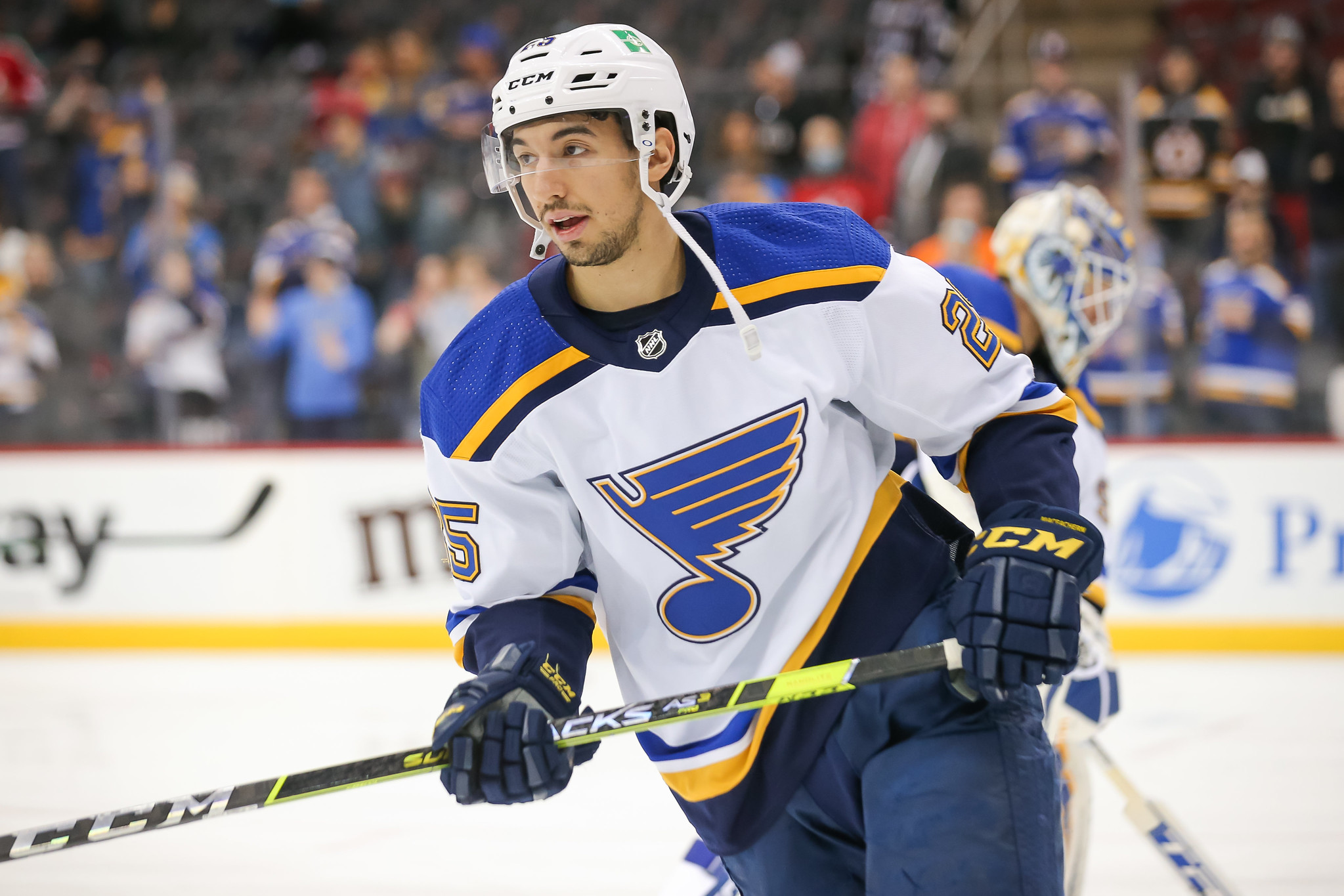 Jordan Kyrou and Robert Thomas of the St. Louis Blues head towards