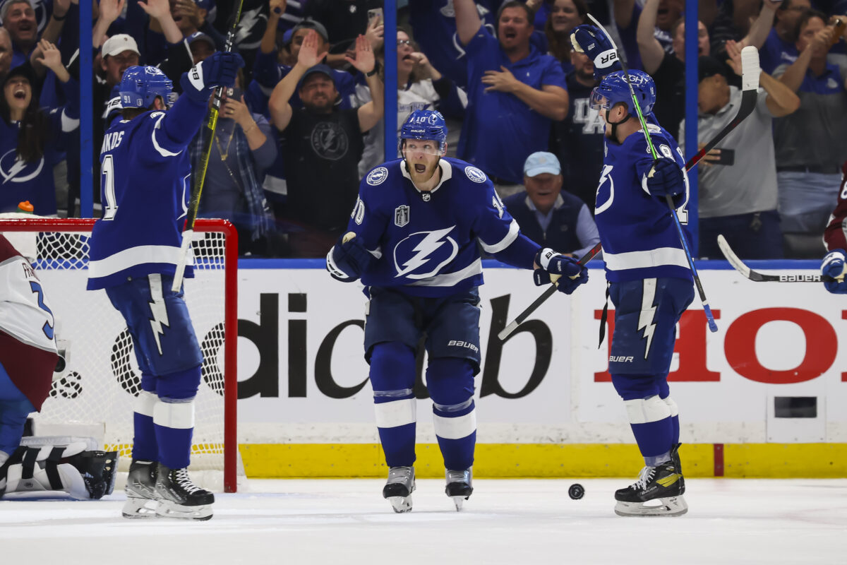 Corey Perry of the Tampa Bay Lightning celebrates with the fans.
