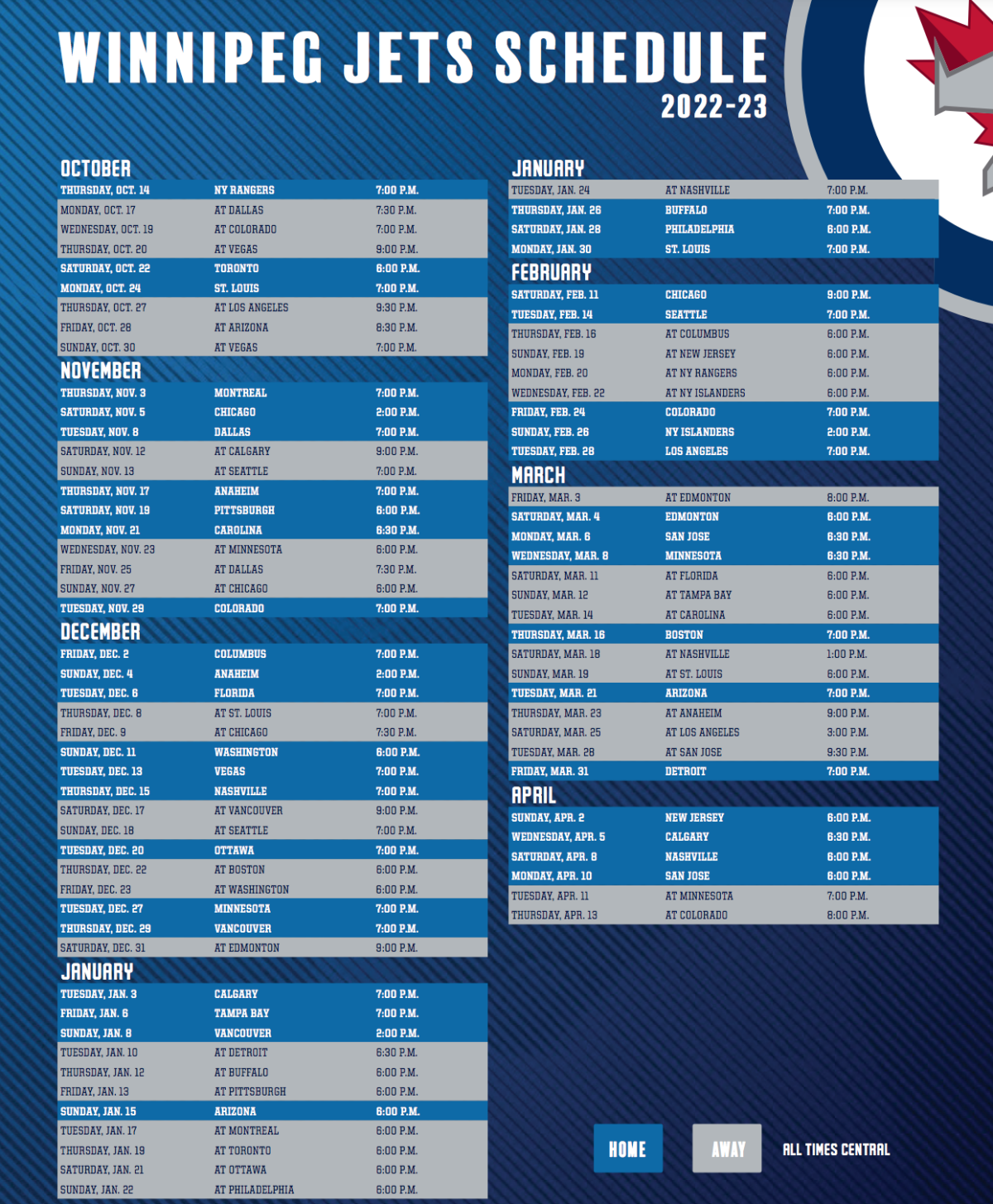 Winnipeg Jets 2022-23 Regular Season Schedule.