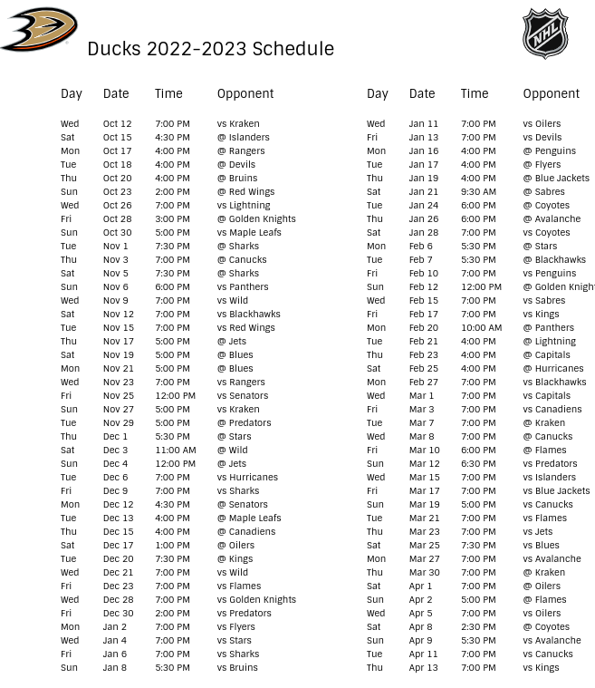 Anaheim Ducks Schedule 202223