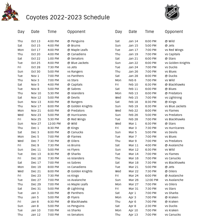 Arizona Coyotes 202223 Season Schedule