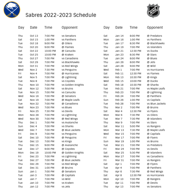 Buffalo Sabres 202223 Season Schedule