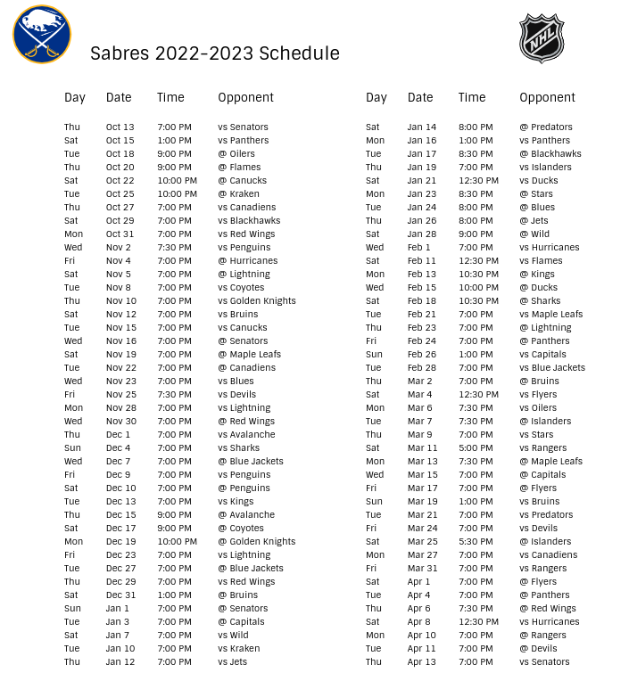 Buffalo Sabres 2022-23 Season Schedule