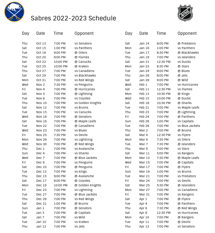 Buffalo Sabres Schedule Printable Printable World Holiday