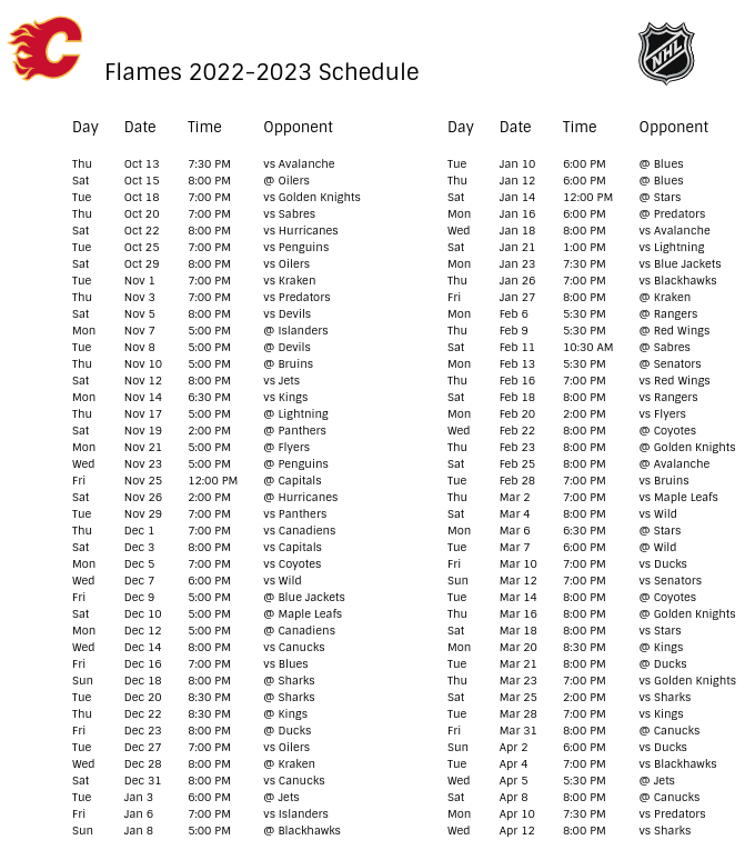 Calgary Flames 2022-23 Season Schedule