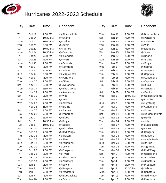 Carolina Hurricanes Schedule - 2022-23