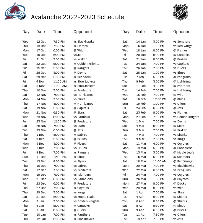 Colorado Avalanche 2022-23 Season Schedule