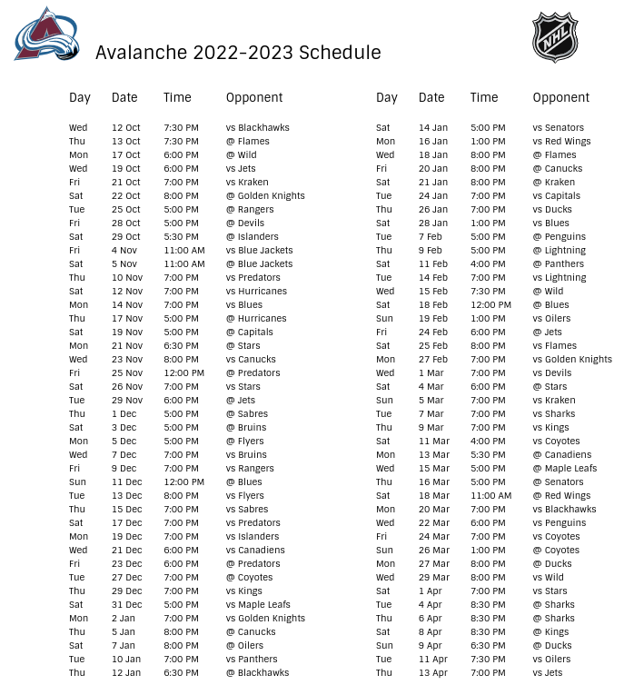 Colorado Avalanche Schedule 2023