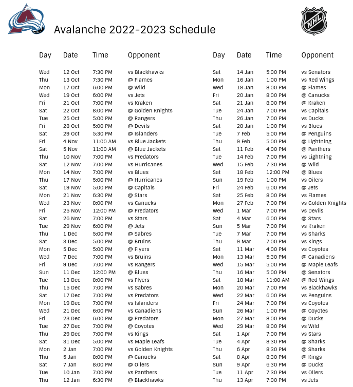 Colorado Avalanche 2023 2024 Schedule