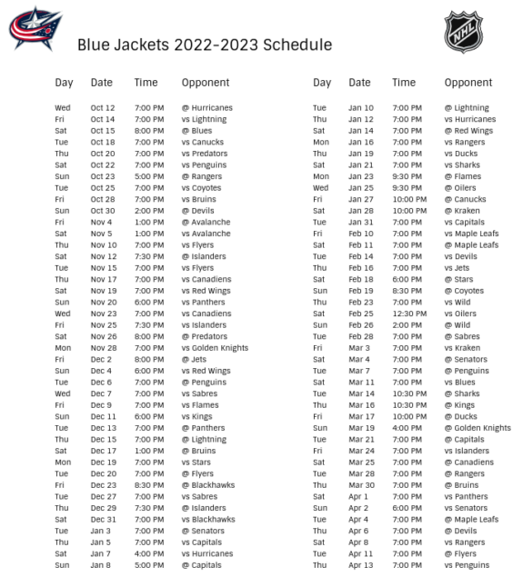 Columbus Blue Jackets Schedule Printable