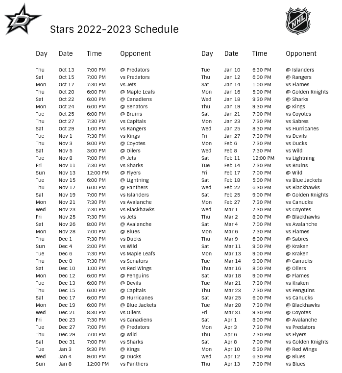 Dallas Stars 2022-23 Season Schedule