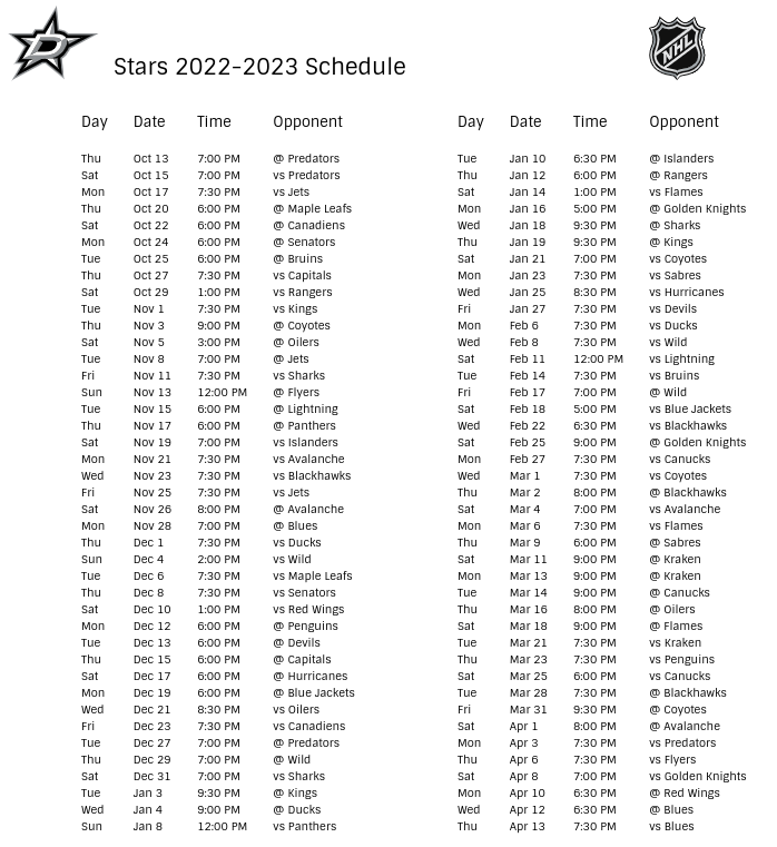 Dallas Stars Schedule Printable