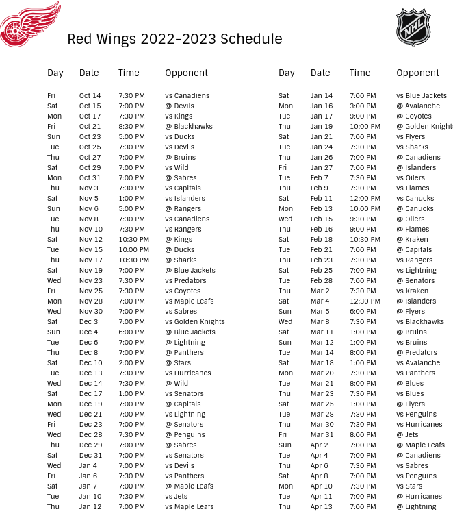 Detroit Red Wings 2022-23 Season Schedule
