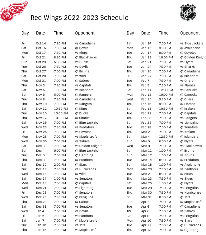 Printable Red Wings Schedule Printable World Holiday
