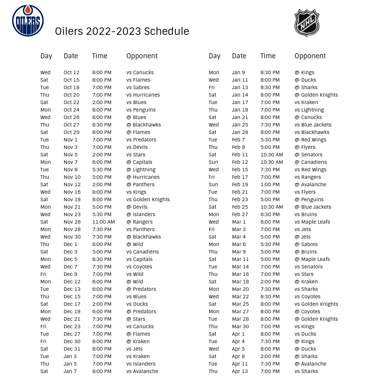 Edmonton Oilers 2022-23 Season Schedule